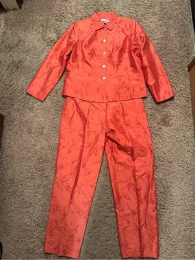 RAFAEL 100% Silk Coral Pant Suit-Shell Button-Front Top/Blazer & Straight Pants